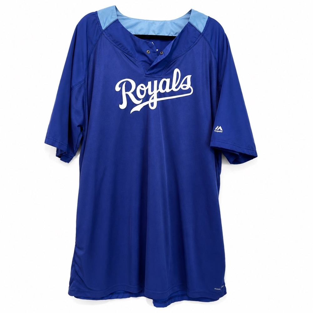 Majestic Kansas City Royals Cool Base Henley Jersey Mens 2XLT Blue Short Sleeve